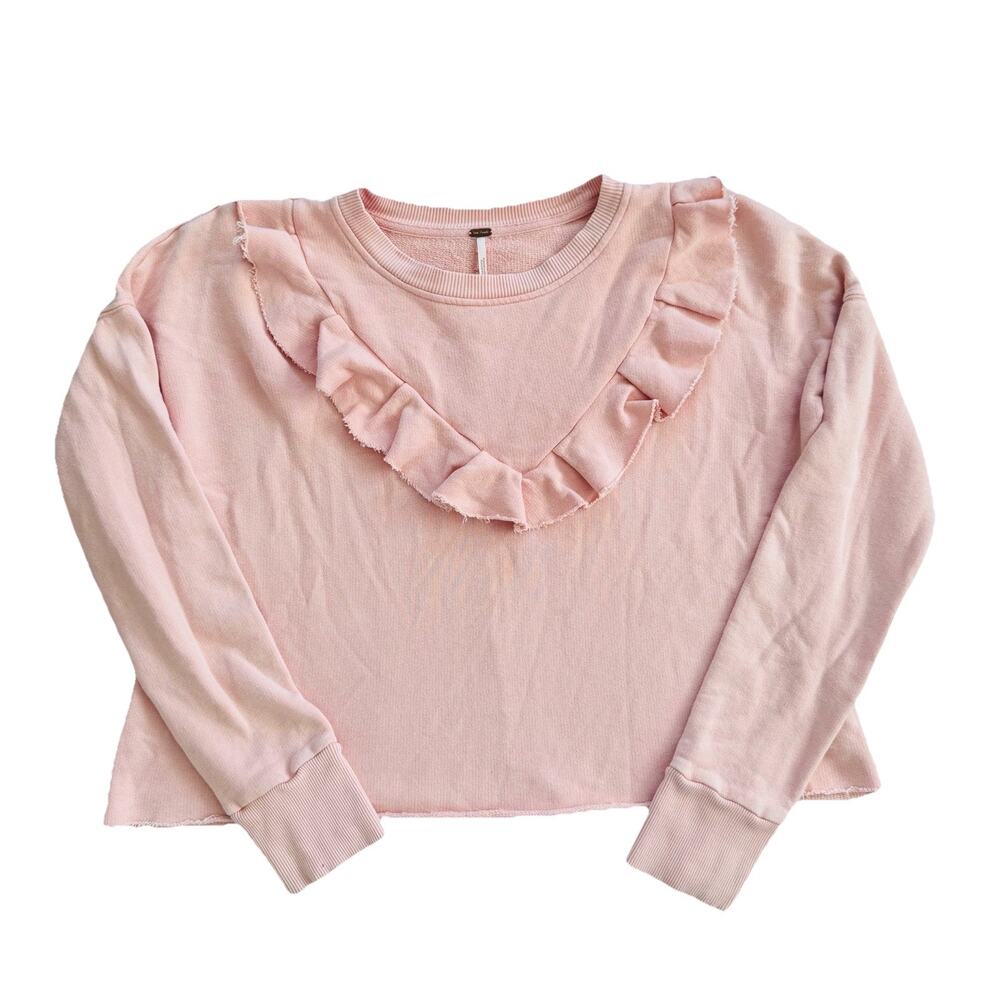 Free People Pale Pink Ruffle Sweatshirt Cropped S 100% Cotton Boho